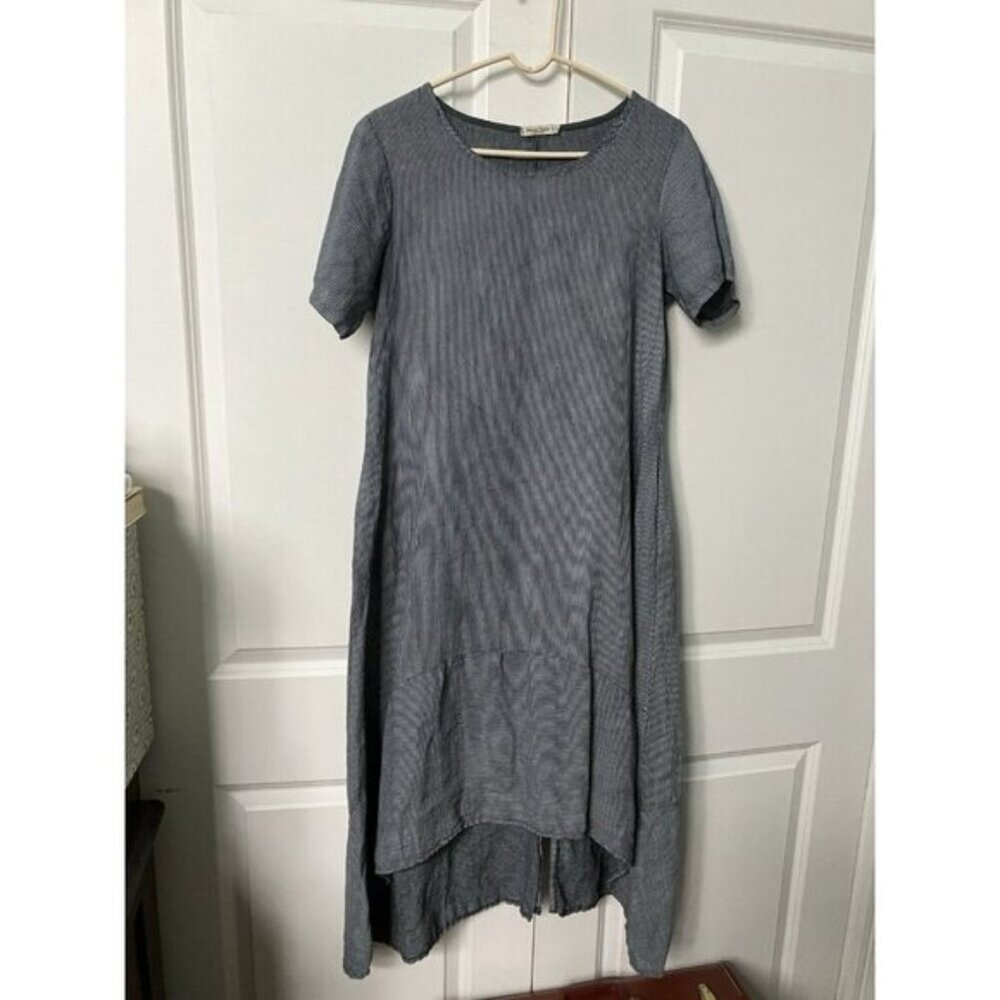 Alessia Pacini Maxi Dress Womens M Hickory Stripe Linen Lagenlook Asymmetrical